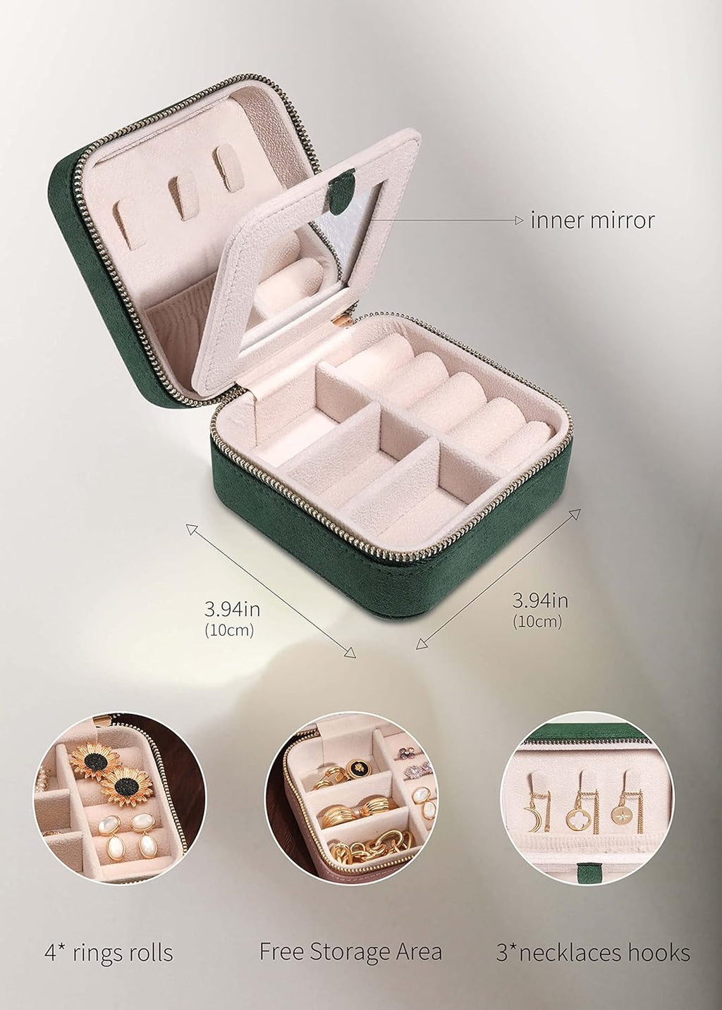 S.Leaf Travel Jewelry Organizer Boxes for Women Small Portable Necklace Earrings Bracelet Rings Travel Case Best Friend Birthday Gifts for Women Trendy (08_Suede_Touch_Emerald)