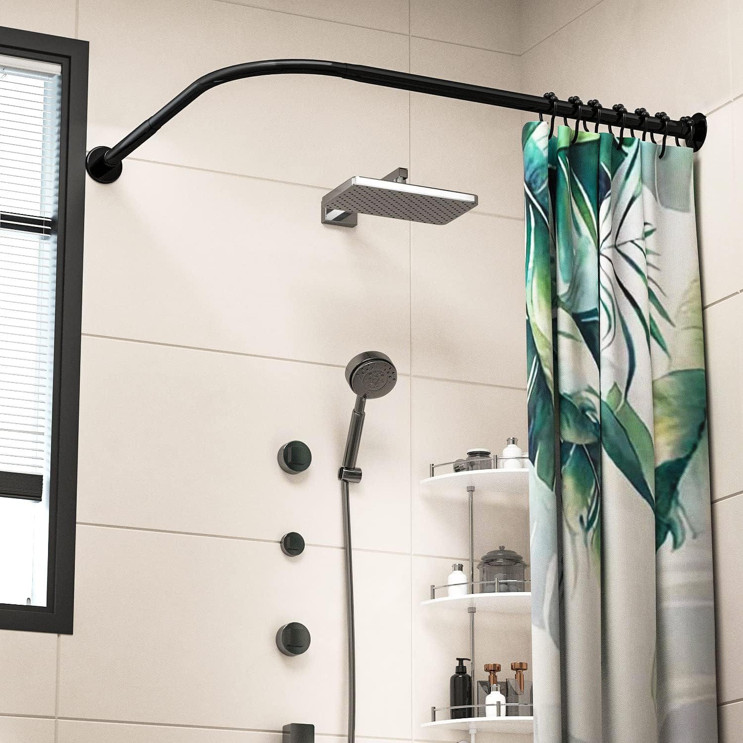 Adjustable Corner Shower Curtain Rod L Shaped Black Stretchable 304 Stainless 27"- 39"X47"- 65" Drill Free Install for Corner Bathtub with Free Hooks