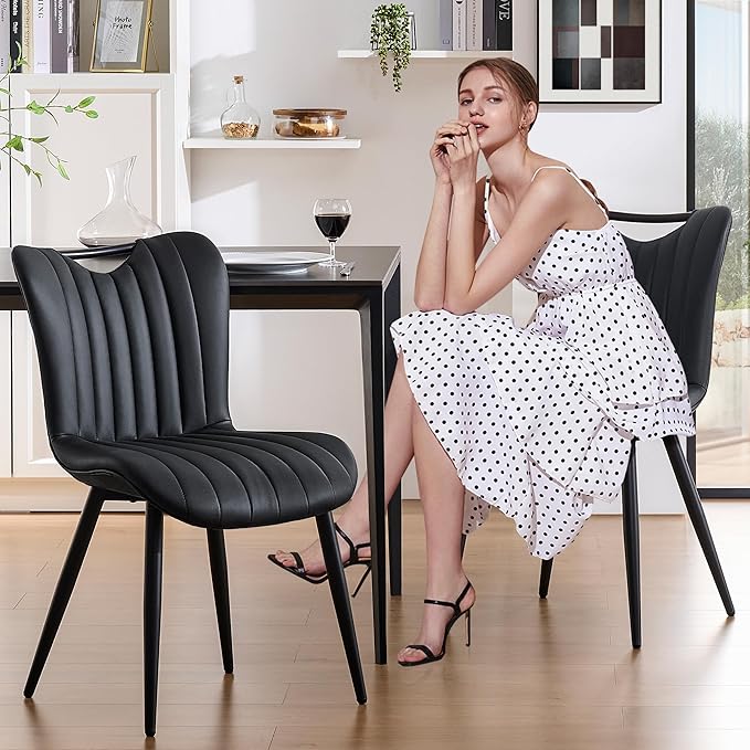 Leather Upholstered Dining Chairs Set of 6, Mid-Century Modern Kitchen Dining Room Chairs with Black Metal Legs, Armless Faux Leather Accent Dinner Chairs Kitchen Side Chairs, Black