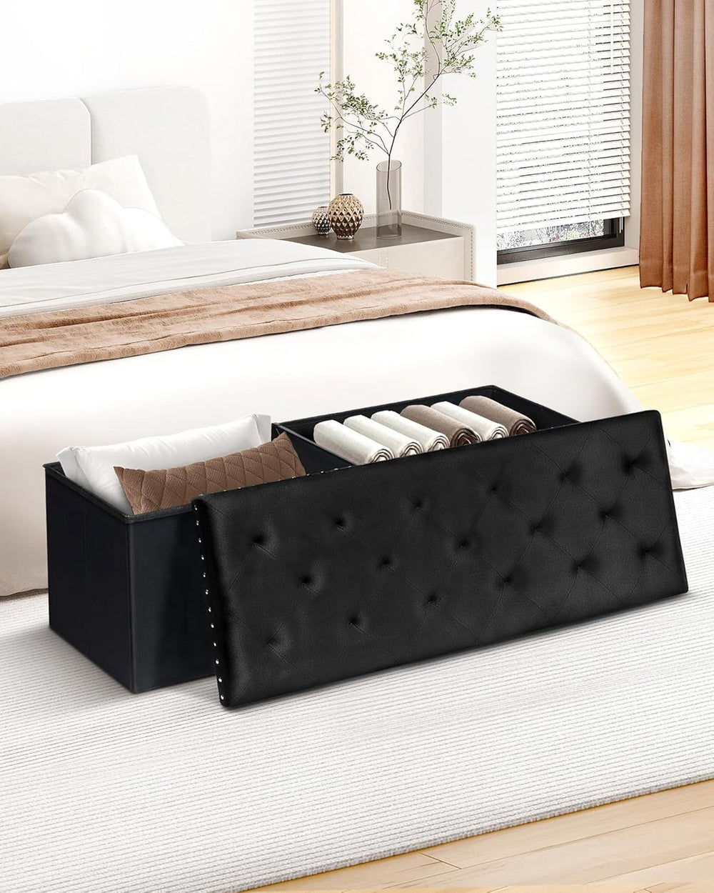 B FSOBEIIALEO Storage Ottoman Bench, 43" Velvet Ottoman with Storage, Bl...