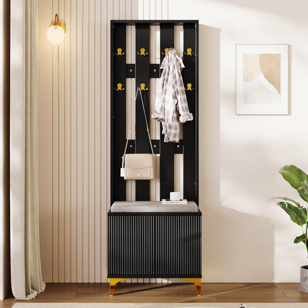 Stylish Multifunctional Entryway Wardrobe Set Black Shoe Bench with Hooks Pus...