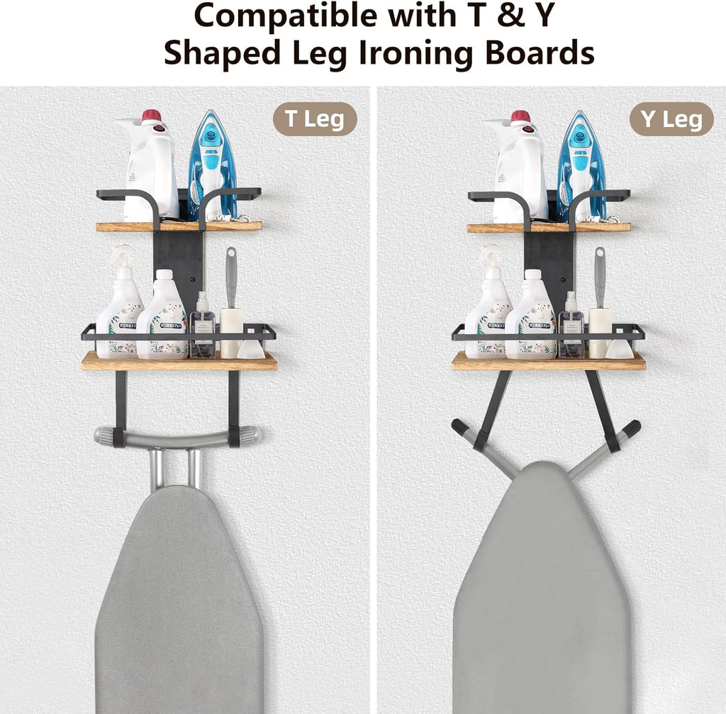 VINAEMO Ironing Board Hanger Wall Mount, 2-Layer Iron and Ironing Board Holder, Laundry Room Shelves Solid Wood with Removable Hooks Home Organization and Storage