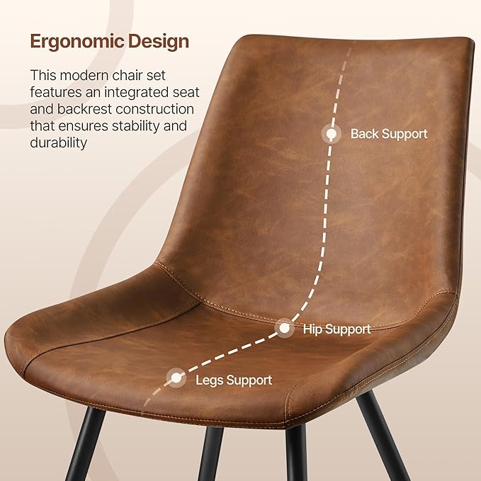 Yaheetech Dining Room Chairs Set of 2 Mid Century Modern Kitchen Chairs with Upholstered Faux Leather and Metal Legs for Dining Room, Living Room, Brown