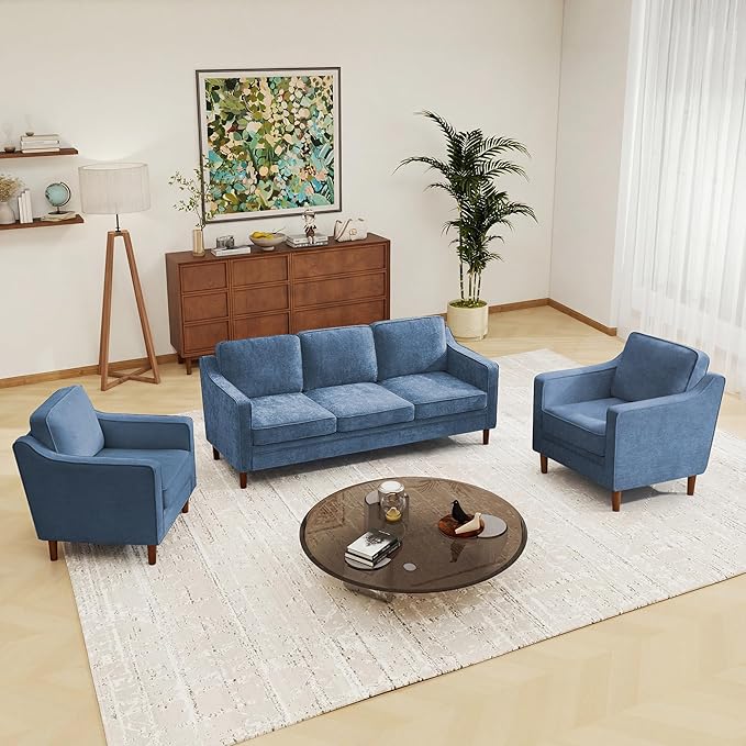 Kingfun Living Room Furniture Sets, 3 Seater Couch and 2 Armchair, Mid Century Modern Sofa Set, Chenille Couch with Solid Wood Frame for Living Room & Bedroom, Light Blue