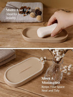 INGOFIN 3 Pcs Ceramic Bathroom Accessory Set - Liquid Soap Dispenser, Toothbrush Holder & Tray, Bathroom Counter Set, Countertop Essentials for Home, Guest Bathroom, or Office Use, Beige