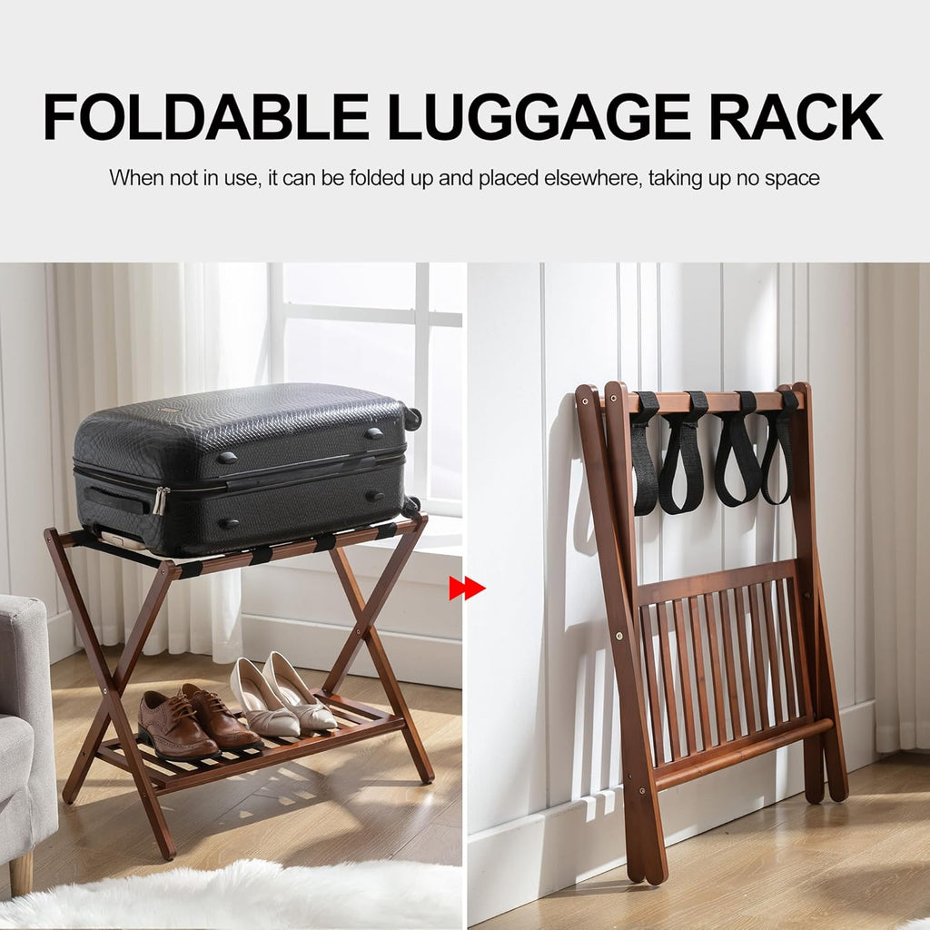 Luggage Racks Suitcase Stand Foldable With Storage Shelf For Guest Room Hotel Essentials Solid Bamboo Heavy-Duty Item Holder Chestnut Brown
