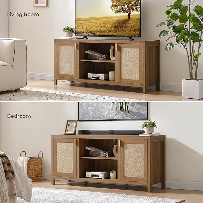 SICOTAS TV Stands for Living Room : Rattan TV Console Cabinet with Storage and Shelf, Boho Entertainment Center, 59" Media Console for 55, 65 Inch TV, 26" Tall Television Stands, Oak