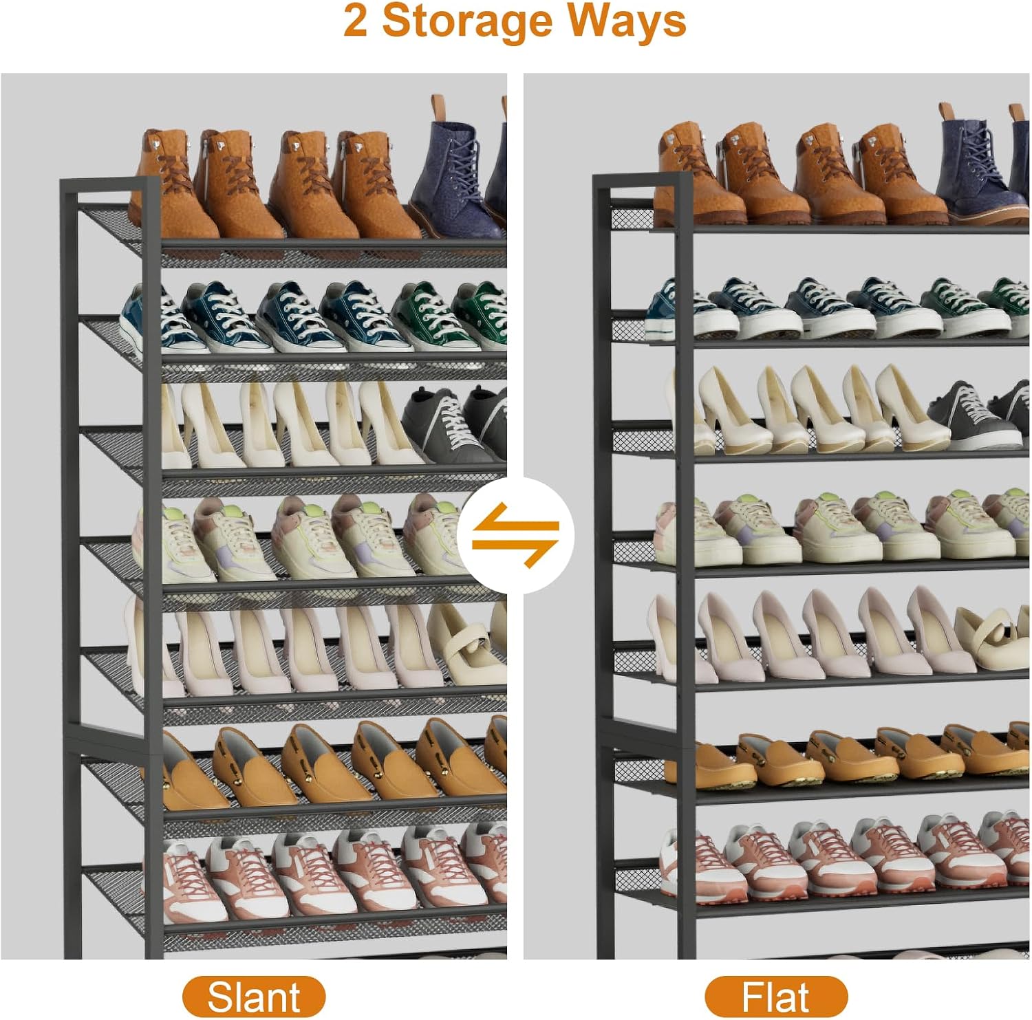 Large Shoe Rack 10 Tier Shoe Organizer, Heavy Duty Metal 5-Tier Stackable Shoe Storage Vertical Shoe Rack for Closet Front Door Entrance, Up to 62 Pairs, 44.8" W x 11.4" D x 71.2" H, Black