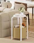 TUTOTAK Round End Table with Woven Storage Basket, White and Beige Small Side Table for Living Room, Bedroom, TB01BWN092