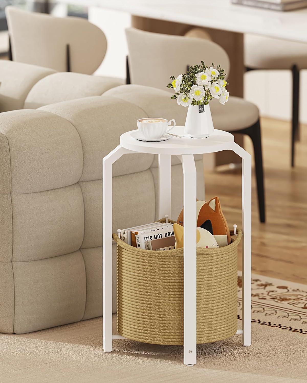TUTOTAK Round End Table with Woven Storage Basket, White and Beige Small Side Table for Living Room, Bedroom, TB01BWN092