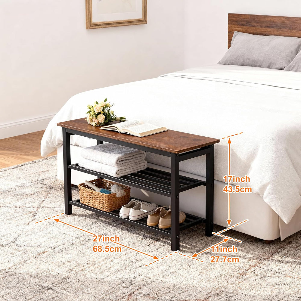 3-Tier Shoe Rack Bench, Rustic Brown Industrial Entryway Storage Organizer wi...