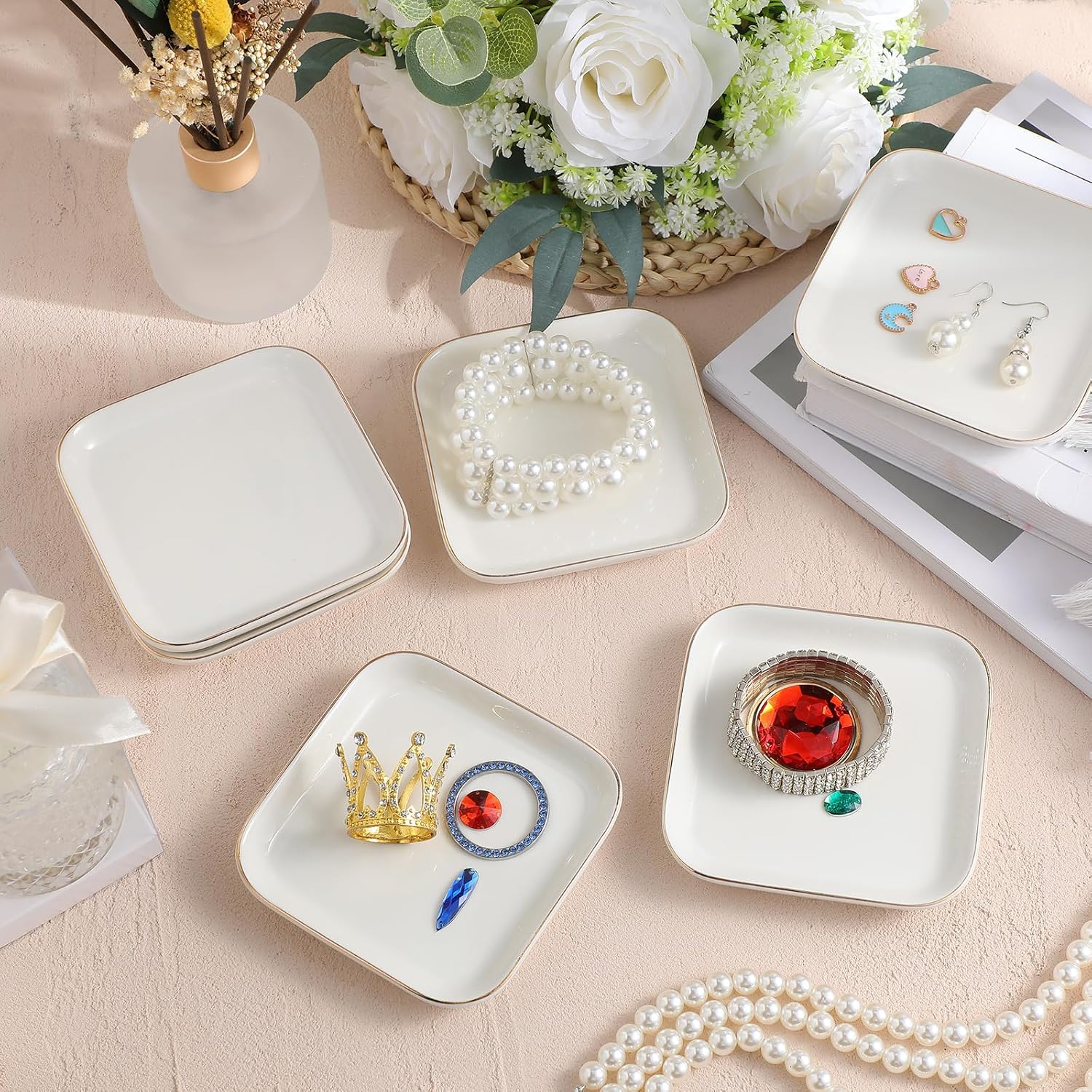 Shappy 6 Pcs White Ceramic Jewelry Tray 4.5 in Ring Holder Trinket Dish for Christmas Friendship Wedding Birthday Gifts(Square)