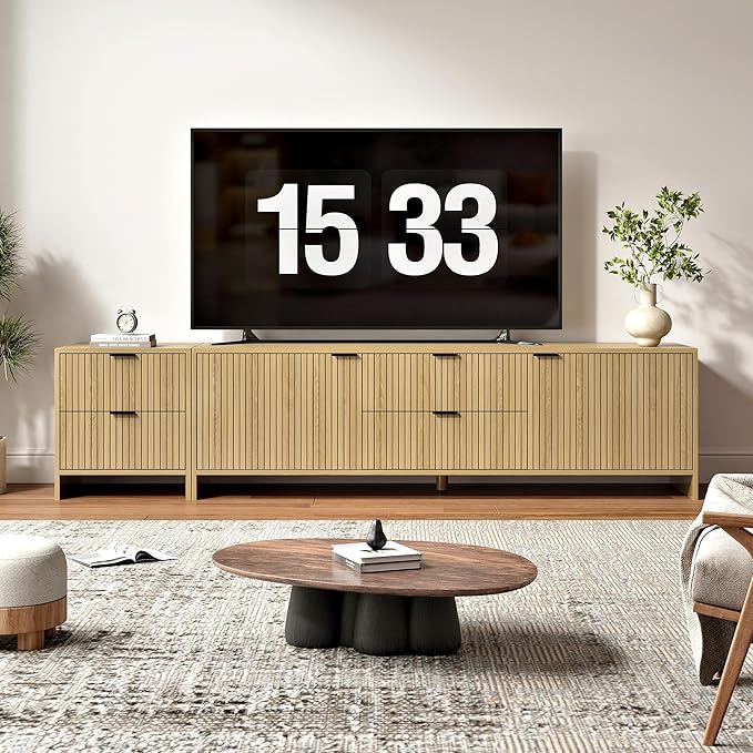 Fluted TV Stand for TVs up to 85",Modern TV Console with 4 Drawers,Wood Entertainment Center with Adjustable Shelves & Storage Cabinets for Living Room,Natural Oak