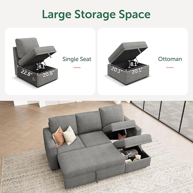 HONBAY Modular Sectional Sleeper Sofa with Pull Out Bed, L Shaped Sofa with Storage, Modular Sectional Couches for Living Room, Warm Grey