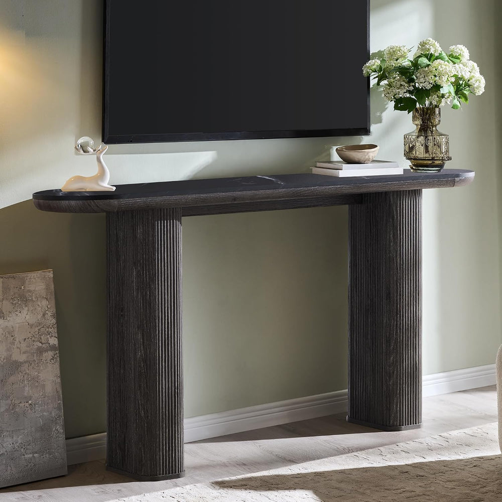 OKD 63" Modern Console Table with Arc Faux Marble Texture Top, Fluted Wo...