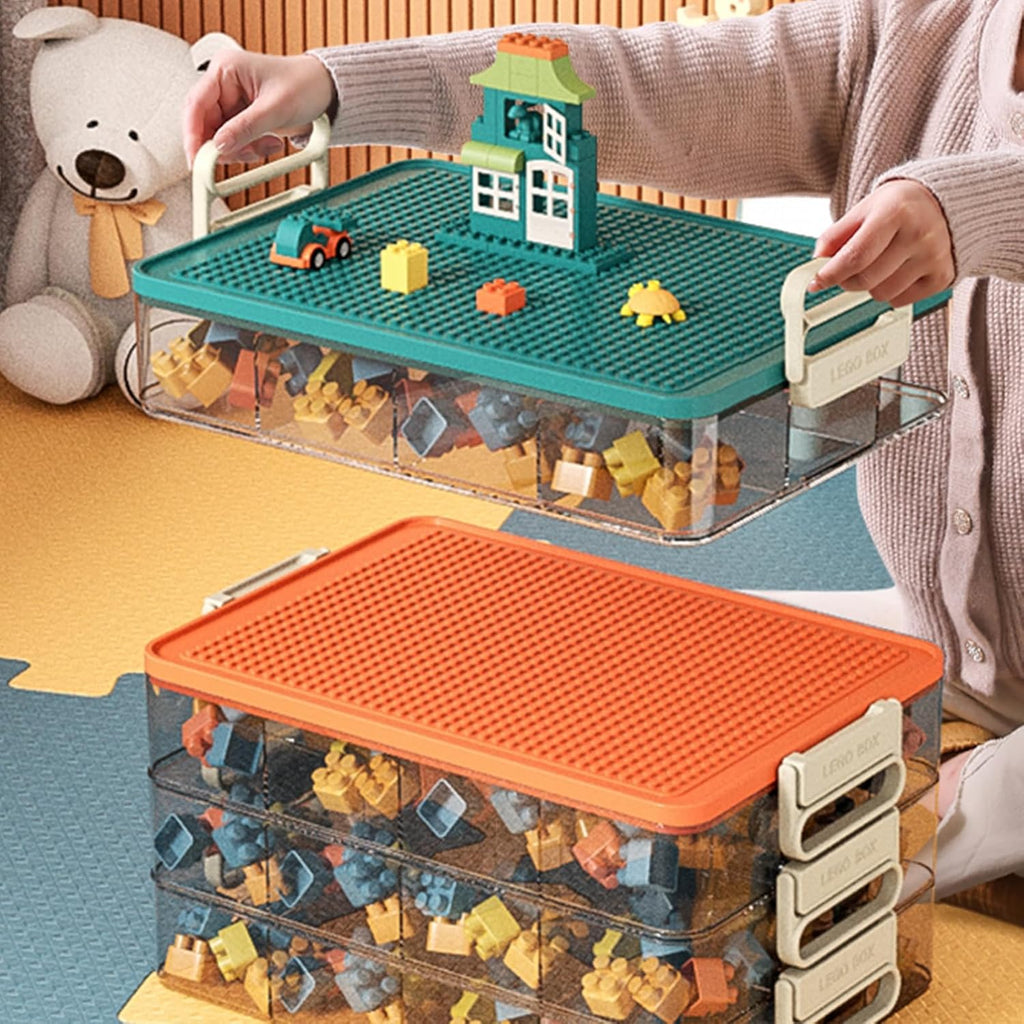 Toys Storage Organizer Bins for Lego, Stackable Toys Organizer, Lego Building Block Storage, Toy Storage Box with 24 Palace Grids, Plastic Stackable Organizer Bins (Green 1layer)
