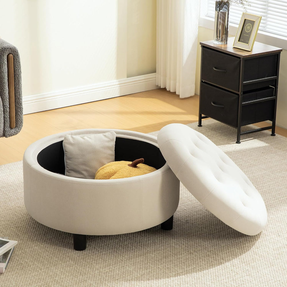 Round Storage Ottoman 29.33" with Reversible Lid - Fleece Fabric Upholst...