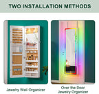 HNEBC LED Mirror Jewelry Cabinet with RGB Lights,47.2" Wall Mounted Jewelry Organizer with Full-Length Mirror,Over The Door Hanging Jewelry Armoire Storage Cabinet,Folding Dresser,2 Drawers,Lockable