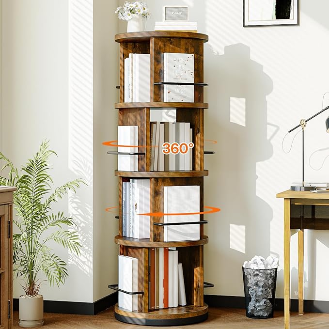 HOOBRO Rotating Bookshelf, 360° Spinning Bookshelf for Small Spaces, 4-Tier Floor Standing Bookcase Storage Rack, Wooden Corner Bookcase for Living Room, Study, Office, Rustic Brown and Black FG54SJ01