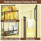 Double Rod Clothing Rack Heavy Duty with Oxford and Mesh Bottom Shelves, Garment Racks for Hanging Clothes, Portable Wardrobe Rack, Metal Clothes Rack Sturdy Coat Rack for Bedroom Laundry Living Room