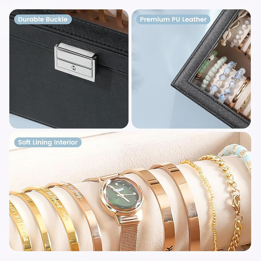 Delicate Jewelry Storage Box with Lock and Two Rolls Clear Lid Display Holder for Bracelet Watch Bangle Gift 10 * 7 * 3.7 Inches