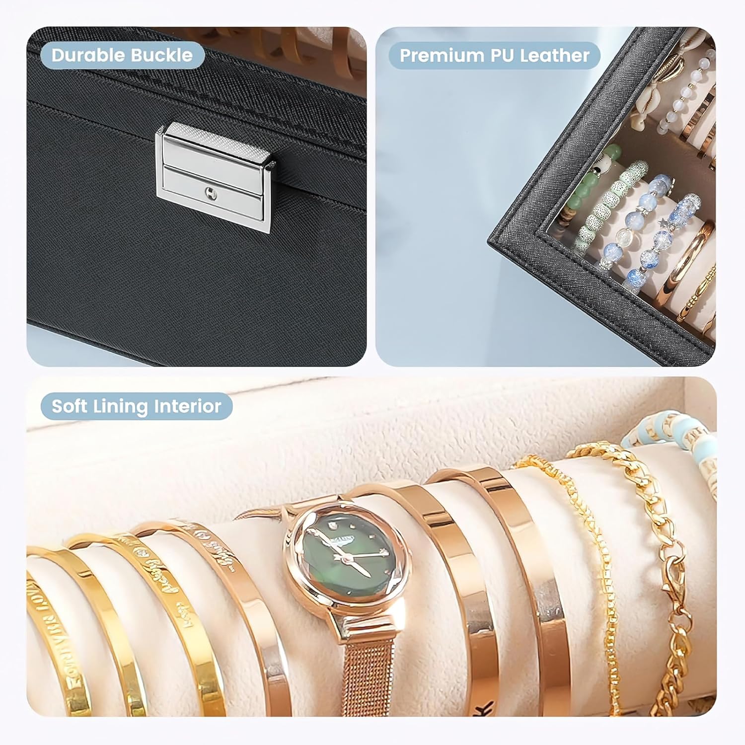 Delicate Jewelry Storage Box with Lock and Two Rolls Clear Lid Display Holder for Bracelet Watch Bangle Gift 10 * 7 * 3.7 Inches