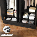 Armoire Wardrobe Closet with Doors: 74" Large Wardrobe Closet with 2 Drawers and 4 Doors, Modern Black Bedroom Armoires, Tall Closet Cabinet for Hanging Clothes (Black, 63")