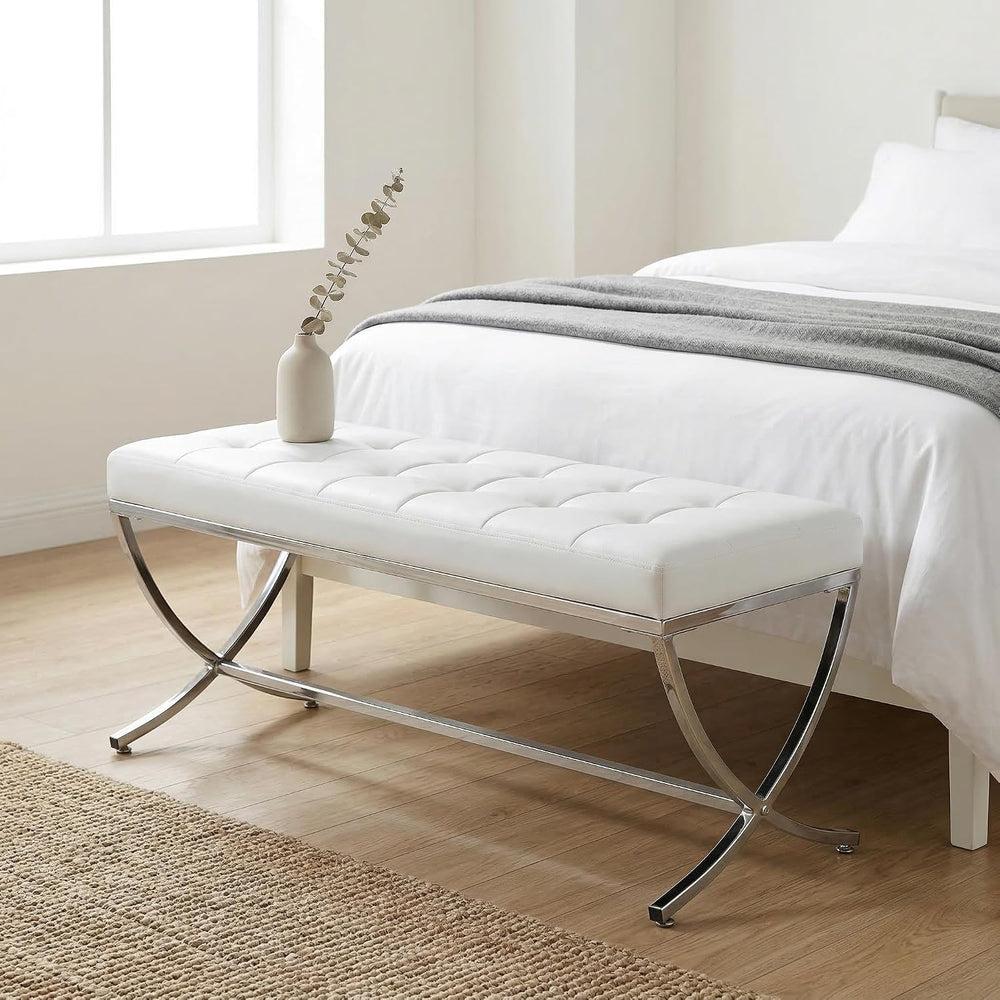 LukeAlon Modern PU Leather Dining Bench, White | Button Tufted Ottoman Bench,...