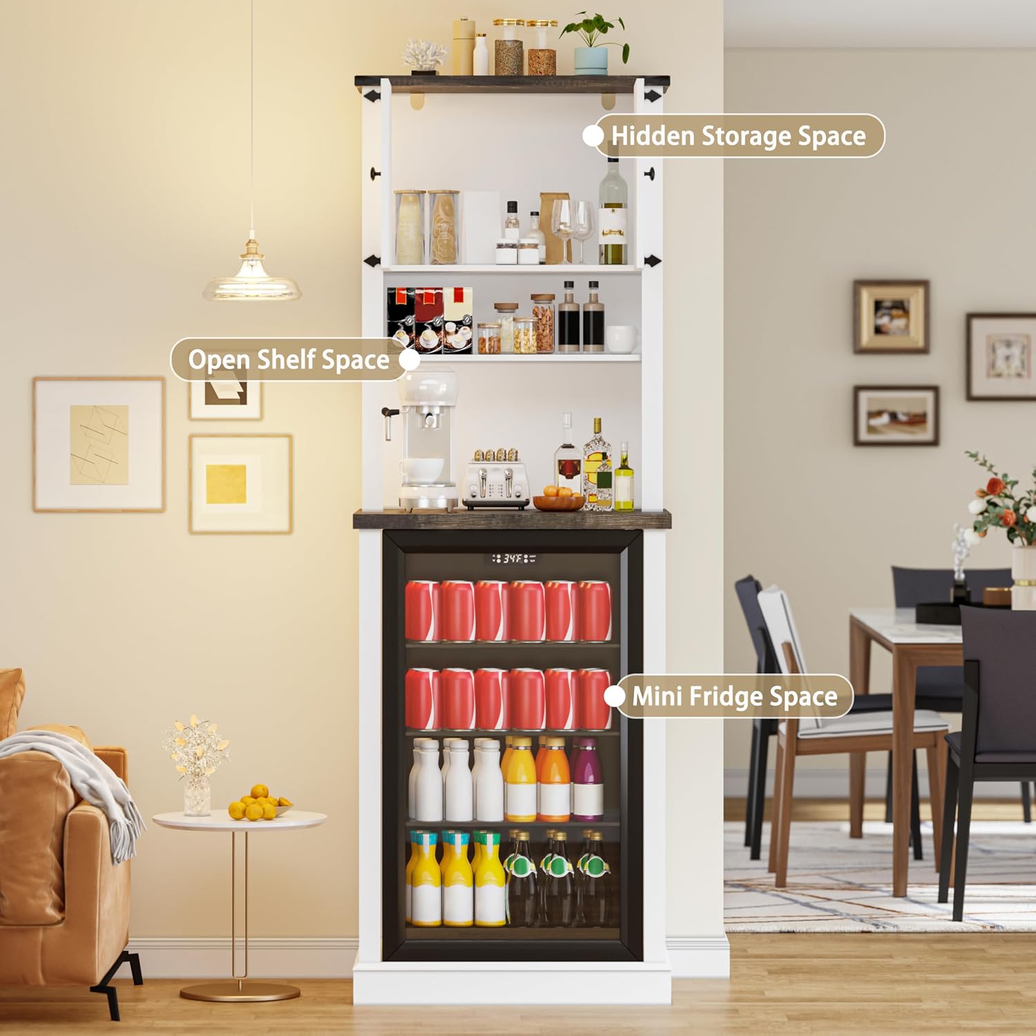 73'' Tall Mini Fridge Cabinet with Storage Hutch, Farmhouse Coffee Bar with Mini Fridge Space, Wine Bar Cabinet for Kitchen, Dining Room, Living Room