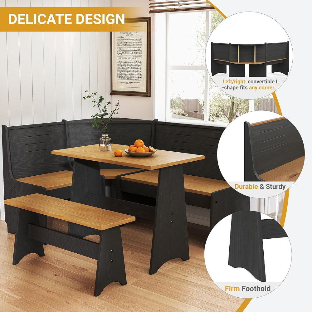 Breakfast Nook Set 3-4 Seat L-Shaped with Hidden Storage - Space Saving Corne...