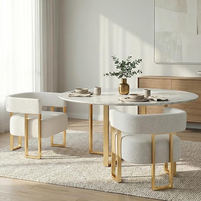 STHOUYN Modern White Boucle Dining Chairs Set of 4 with Gold Metal Legs, Mid Century Barrel Kitchen Chairs Set, Upholstered Accent Armchairs Dining Room Set, Living Room, Apartment (White, 2pcs)