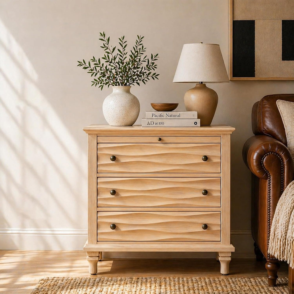 Traditional Wave Textured Nightstand, 3 Drawers Farmhouse Bedside Table with ...