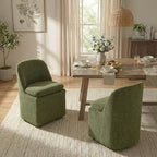 Upholstered Dining Chairs with Casters, Washable Cover Modern Dining Room Chairs with Thick Cushion & Sturdy Metal Frame for Kitchen, Living Room, Dressing Room, Green Fabric, Set of 2