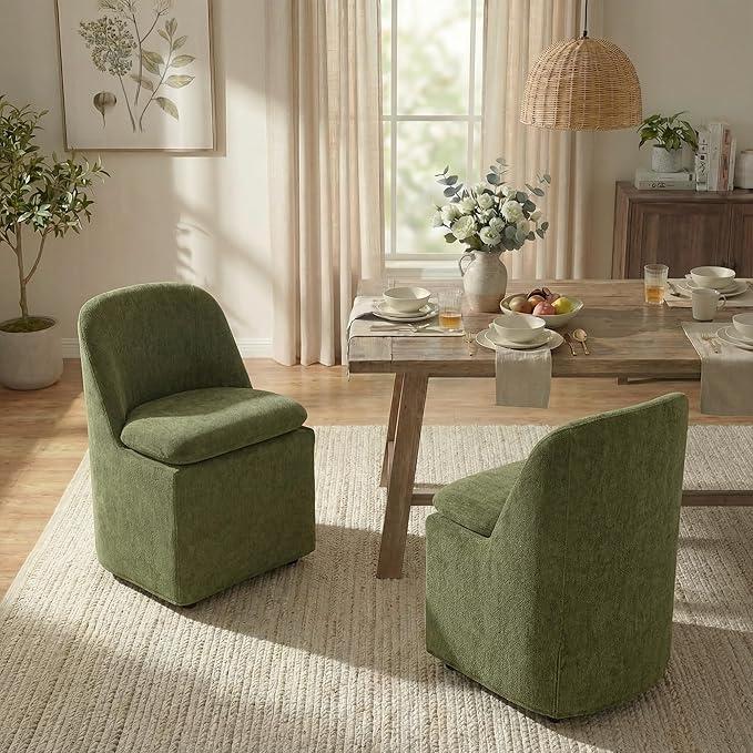 Upholstered Dining Chairs with Casters, Washable Cover Modern Dining Room Chairs with Thick Cushion & Sturdy Metal Frame for Kitchen, Living Room, Dressing Room, Green Fabric, Set of 2