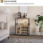 Vintage Industrial Wine Bar Cabinet with Adjustable Wine Racks and Glass Holders, Mesh Door Sideboard Storage Cabinet for Living Room, Kitchen, Dining Room, Compact Design, Gray with Light