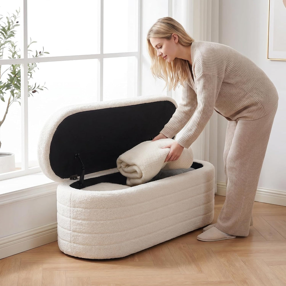 Teddy Sherpa Storage Ottoman Bench End of Bed, White | Modern Boucle, Oval De...