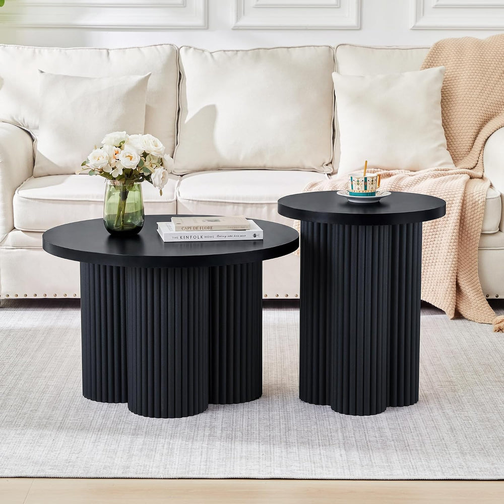 Nesting Coffee Tables Set of 2 Fluted Round Coffee Table(Black)