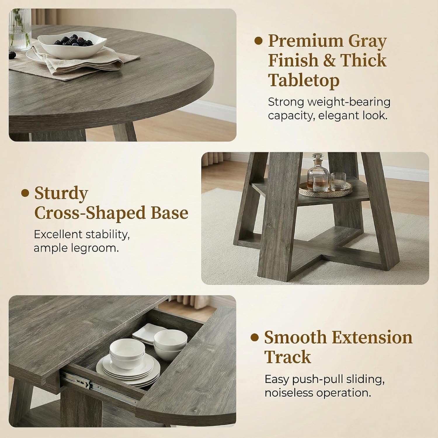 5 Piece Round Extendable Dining Table Set for 4, 43"-59" Grey Wood Oval Expanding Kitchen Table with 4 Velvet Tufted Chairs, Space Saving Extendable Dining Room Tables with Storage Shelf