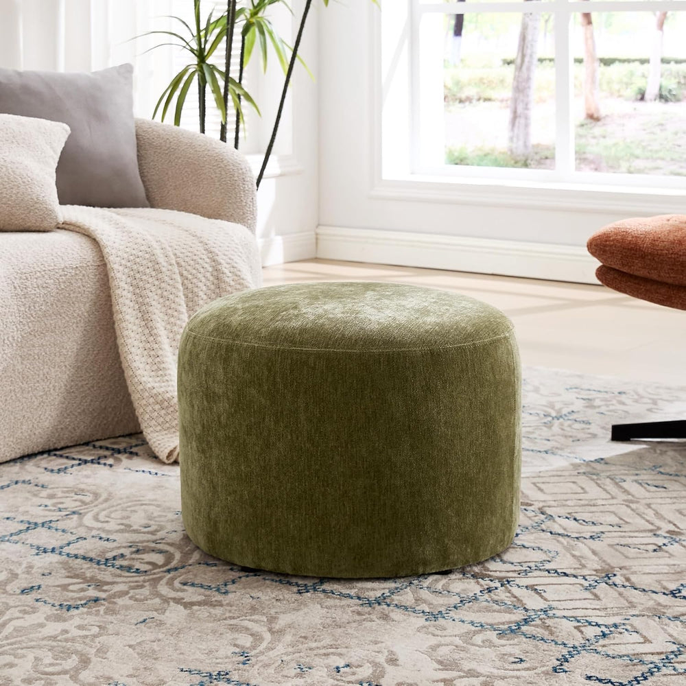 Upholstered Round Green Pouf Ottoman Set of 2, Modern Footstools | Chenille F...