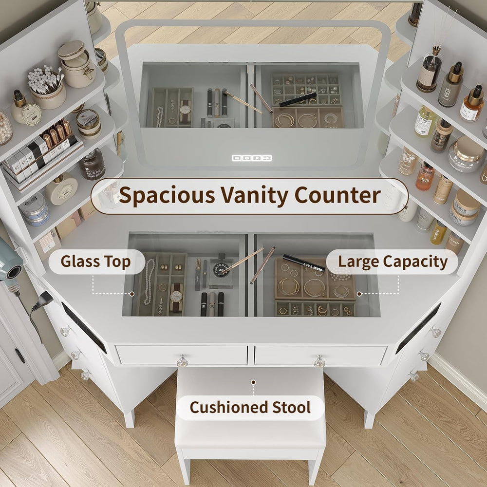 Yanosaku Corner Vanity Desk with Buil-in Speaker, 8 Drawers & 6 Shelves, ...