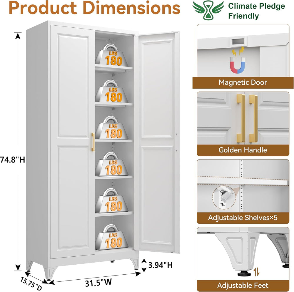 Polup 75" Pantry Cabinet, Tall Metal Storage Cabinet with Doors and Shel...