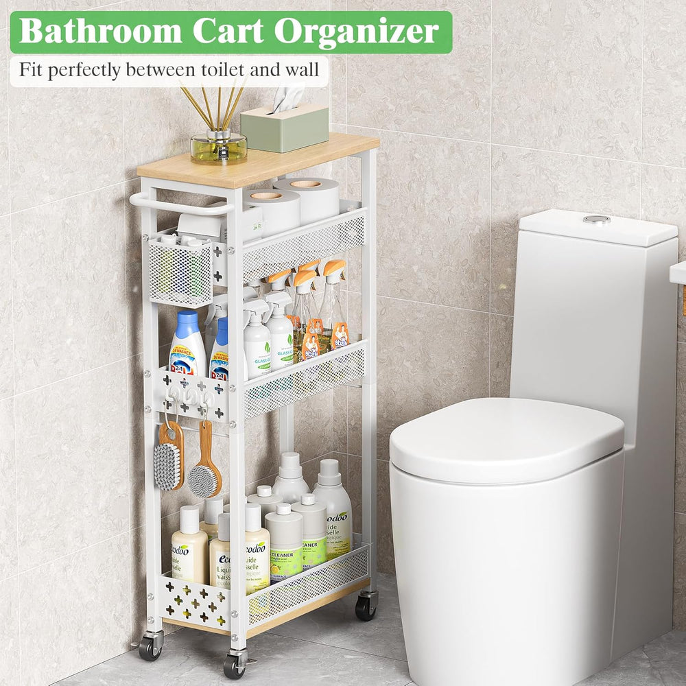 4 Tier Slim Rolling Cart Bathroom Organizer and Storage with Wheels | Narrow ...