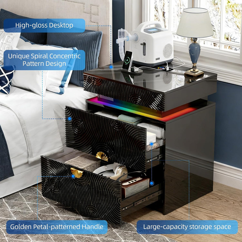 WOOVIVS Bedside Table with 2 Drawers and Sliding Top, RGB Color Changing Ligh...