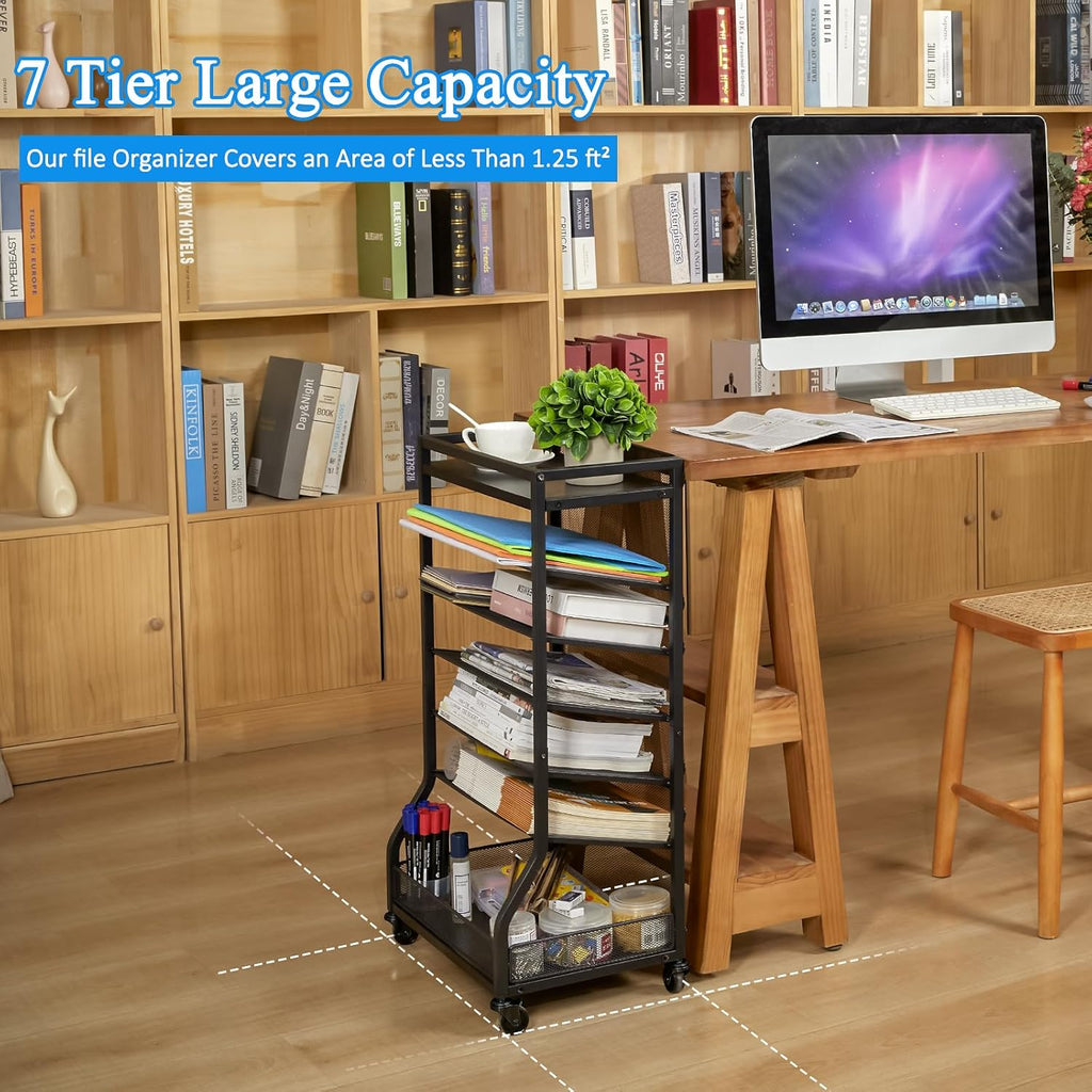 7 Tier Rolling File Cart with Sliding Trays, Wood Metal File Organizer Beside Desk, Free-Standing File Holder, Paper Letter Tray Organizer Mesh Desk Organizer for Home Office School (Patent)