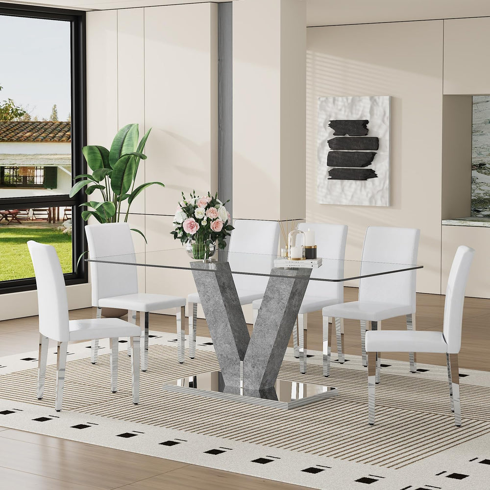 71" Modern Glass Dining Table Set for 6, 7-Piece Dining Table Set with C...