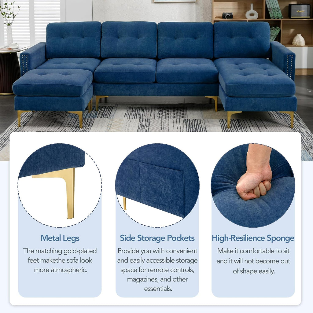 P PURLOVE Velvet Modern Large Sectional Sofa, U Shape Upholstered Couch with Chaise, Convertible Sofa Couch with Movable Ottoman for Living Room Apartment (Blue)