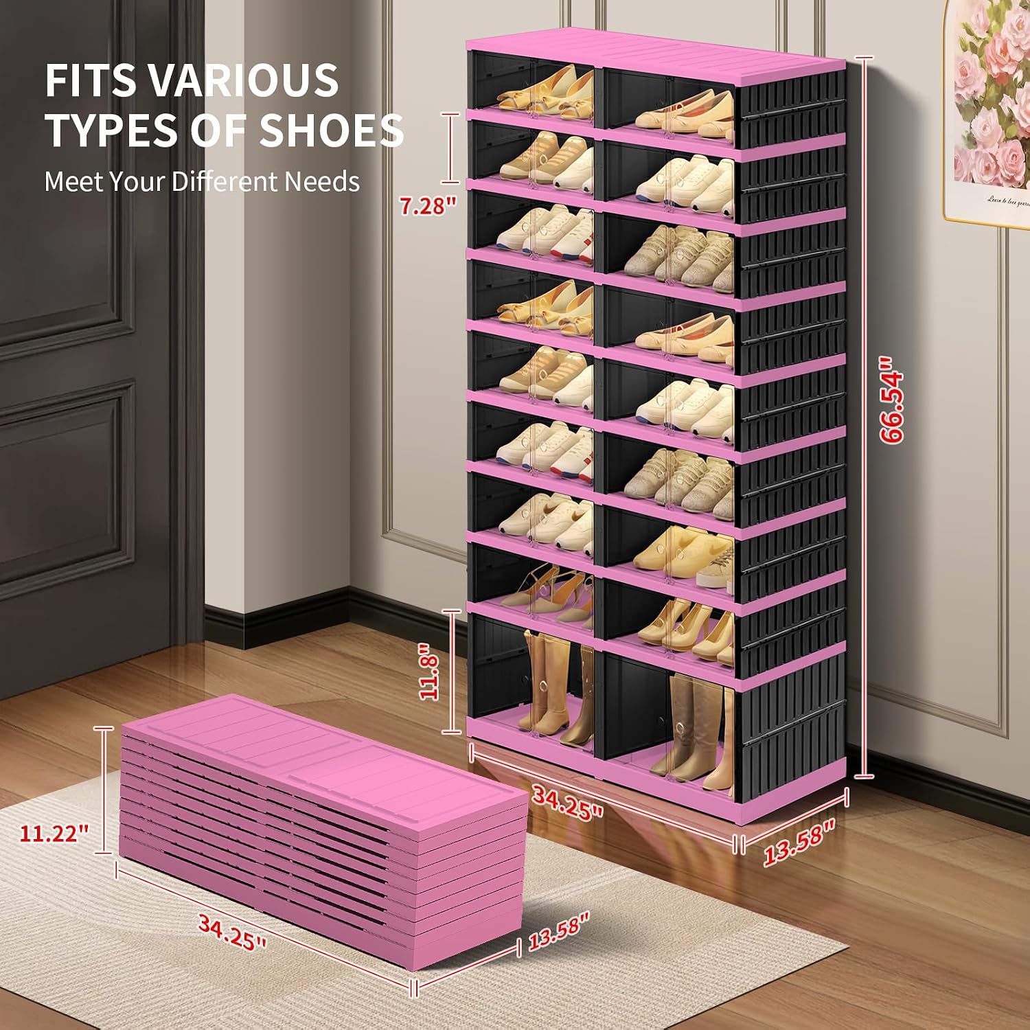 CIMLORD 9-Tier Foldable Shoe Rack Organizer with Door, 36 Pairs, Black-Pink | Collapsible Large Shoe Rack for 36 Pairs, Fits Boots, Wide Stackable, Clear Door, Lidded Boxes, Easy Assembly, for Closet