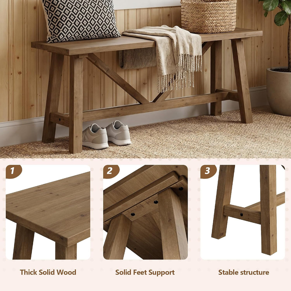 Wnutrees 43" Farmhouse Solid Wood Bench, Narrow Long Seat, Natural | Ent...