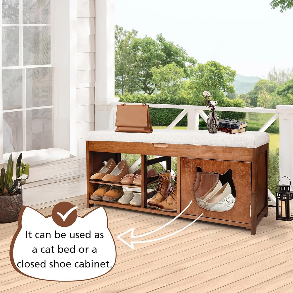 Shoe Bench with Cat Cabinet and Hidden Drawer, 2 Tier Entryway Bench with Sto...