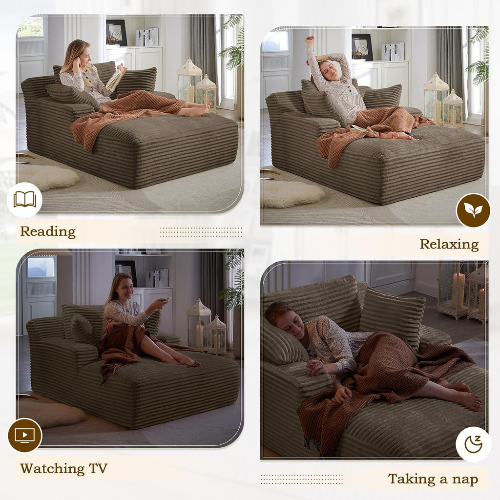 Oversized Chaise Lounge Chair Indoor,50" W Upholstered Corduroy Sofa with 3 Pillows,Comfy Fluffy Cloud Couch,Modern Deep Seat Sofa,Single Sleeper Sofa Chair for Livingroom,Bedroom,No Assembly(Brown)